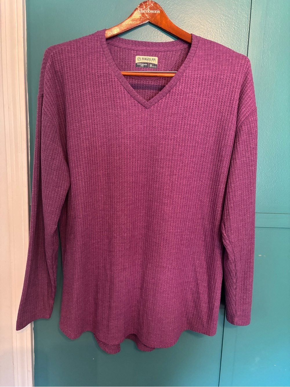 Magellan Outdoors Waffle-Knit Boyfriend Fit  V-Neck Thermal Top - Plum Size 1X